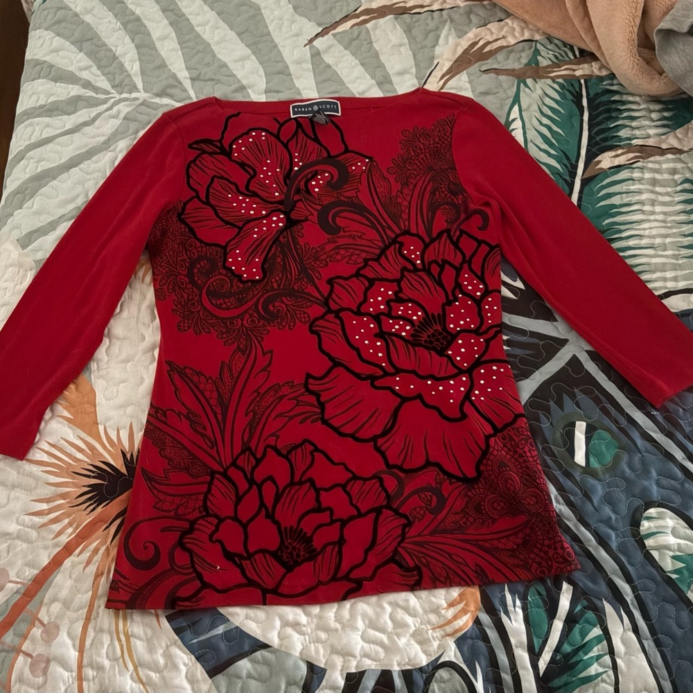 Karen Scott Scarlet Floral Long Sleeve Tee